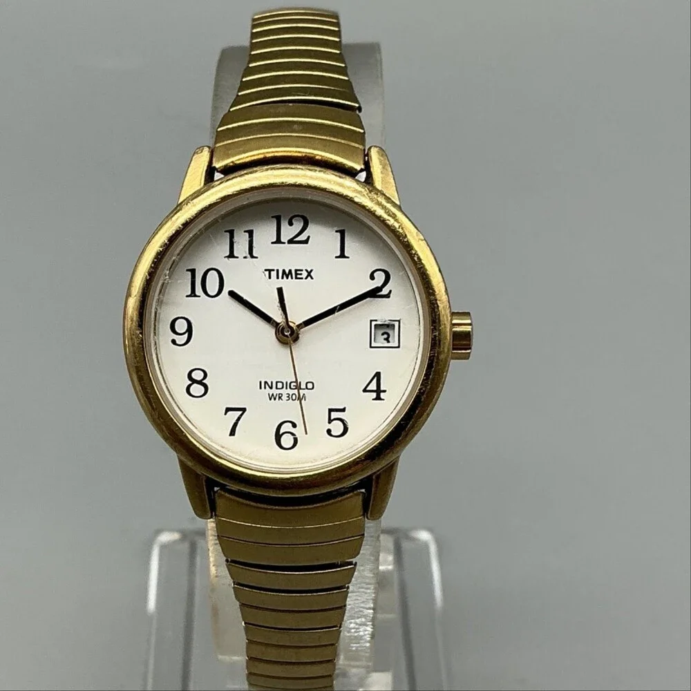 Timex Indiglo Womens Watch 25mm Gold Tone Date Easy Reader Expansion New Battery